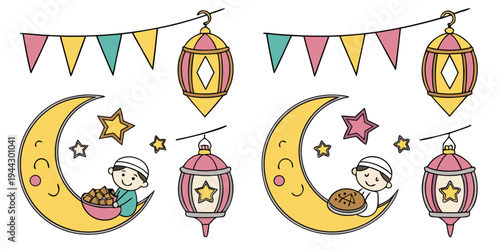 A delightful illustration of crescent moons and stars with party decorations