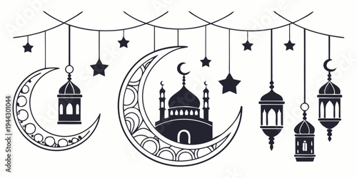 A decorative illustration featuring a mosque, crescent moon, and lanterns