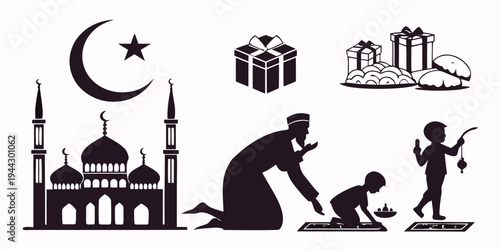 Illustration of a mosque, crescent moon, gift, and people praying and playing sports