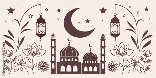 A mosque with crescent moon and stars surrounded by floral patterns and lanterns