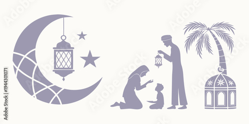 A mother and child kneeling in prayer under a crescent moon and stars with a lantern.