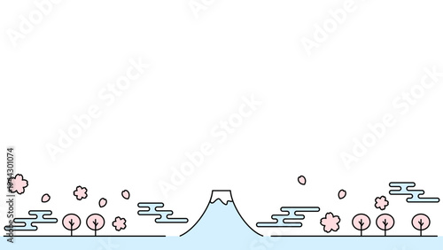 富士山と桜のシンプルな線イラスト 水色とピンク 白背景 16:9ワイド