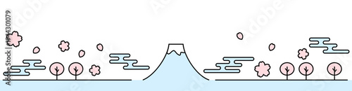 富士山と桜のシンプルラインイラスト 水色とピンク 白背景 横長バナー