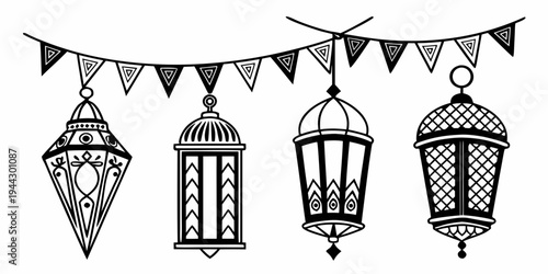 Four ornate hanging lanterns with triangular pennant bunting above them