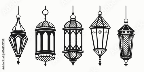 A collection of five ornate lanterns with intricate designs and hanging fixtures