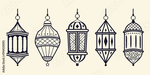 Five intricately designed lanterns with varying shapes and patterns hanging in a row