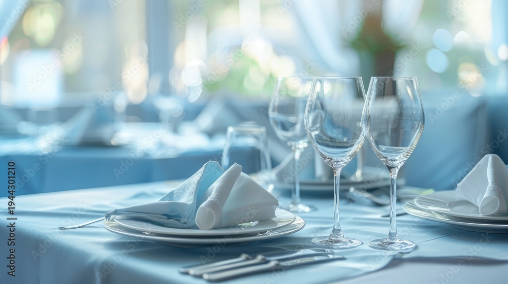 Fototapeta premium Elegant table setting with a banquet table decorated with floral arrangements in blue tones.