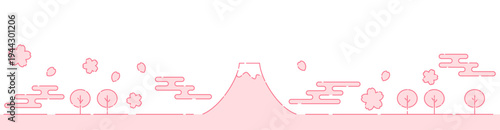 富士山と桜のミニマル細線イラスト ピンク 白背景 バナー