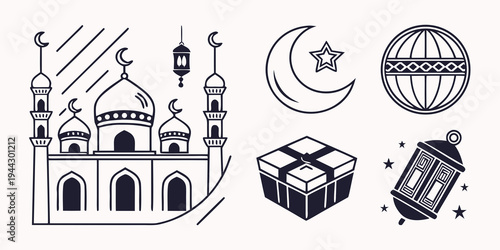 A detailed illustration of a mosque with various religious symbols and objects