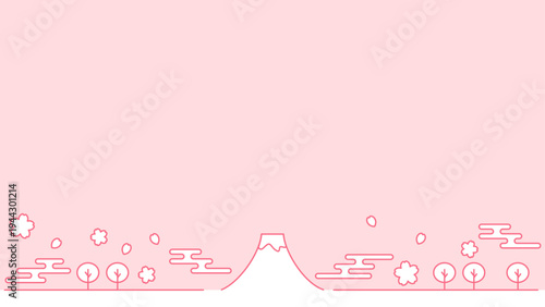 富士山と桜の細線シンプルイラスト ピンク背景 16:9ワイド