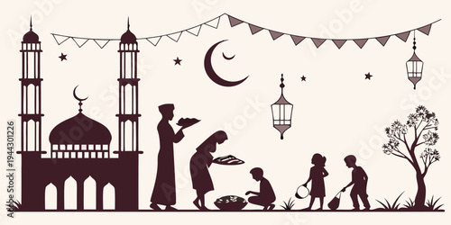 Silhouettes of people celebrating eid al adha in front of a mosque with a crescent moon and stars