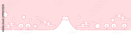 富士山と桜の細いラインのシンプルイラスト ピンク背景 バナー