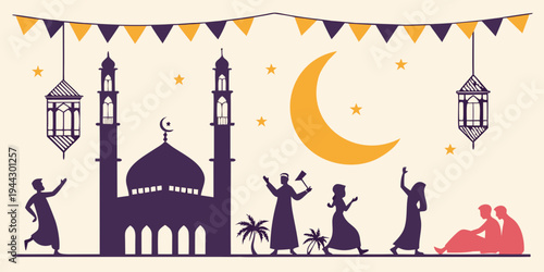 A vibrant illustration of a mosque with people celebrating and colorful decorations