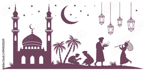 A serene mosque scene with palm trees, crescent moon, and lanterns at night