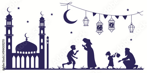 Silhouettes of people celebrating eid al adha in front of a mosque