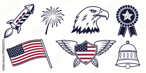 A collection of patriotic symbols including flags, an eagle, and a medal.