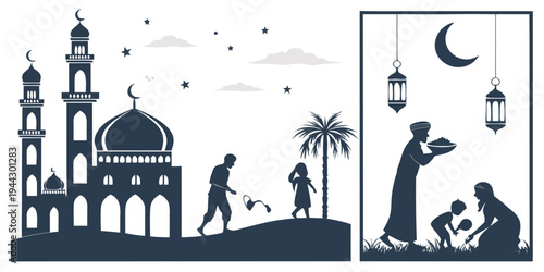 Silhouette of a mosque with minaret and people praying under the moon and stars