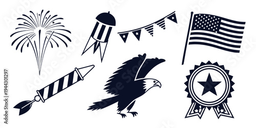 A collection of patriotic symbols including fireworks, a flag, and an eagle