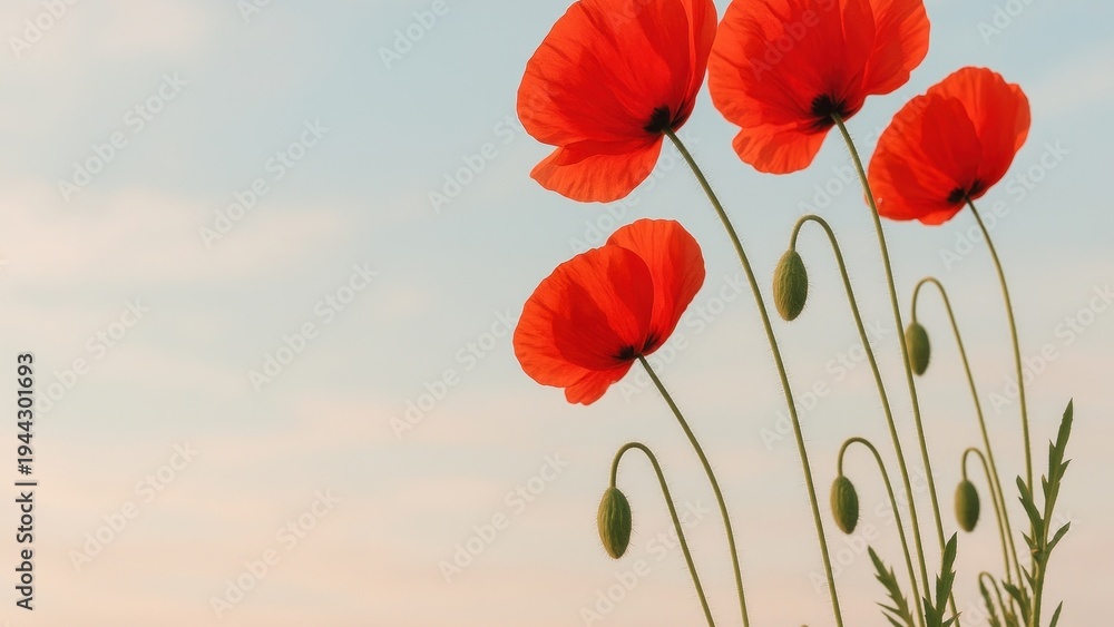 Naklejka premium Vibrant poppies against serene sky.