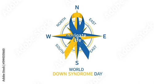 World down syndrome day awareness compass symbol with blue and yellow ribbon navigate life