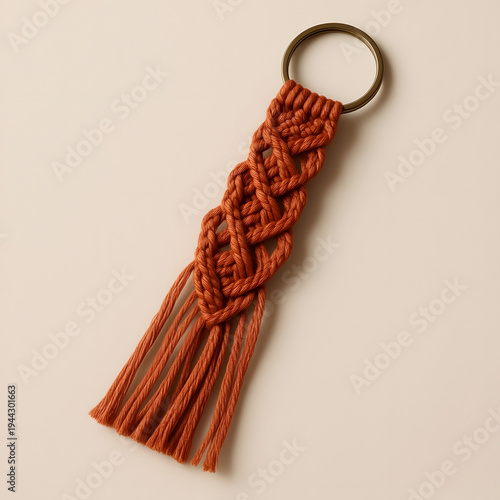 Macrame keychain in terracotta color with tassels and ring  