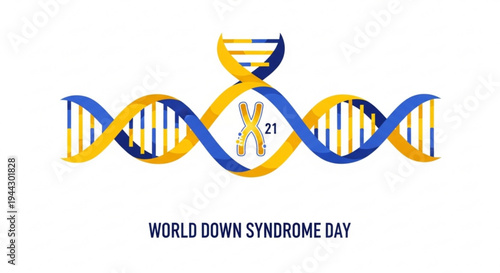 World down syndrome day awareness symbol with dna double helix and chromosome 21 on blue and yellow background