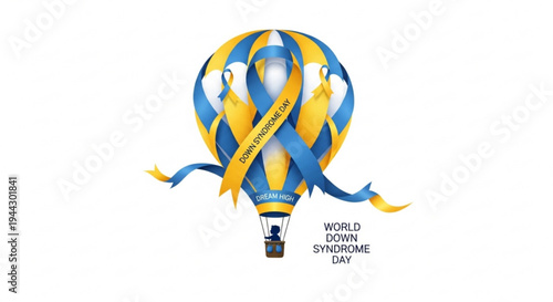 World down syndrome day awareness hot air balloon with blue and yellow ribbon