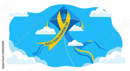 Blue kite with yellow ribbon flies high in sky with clouds symbolizing world neuroendocrine tumor day awareness