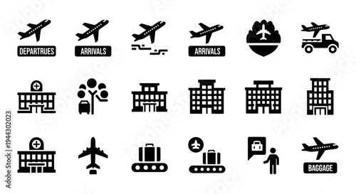 Airport Travel and Public Infrastructure Solid Icon Set