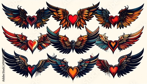 Stylized Winged Heart Designs with Bold Tattoo Aesthetic