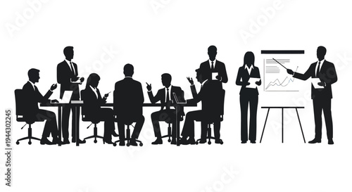 Corporate Business People Silhouettes in Office Meeting, Presentation with Flipchart, and Collaborative Teamwork Icons – Black Vector Asset Pack