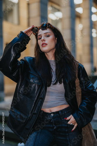 Girl with long dark hair wearing a black leather jacket and sunglasses. She poses confidently outdoors in casual jeans and a cropped top.