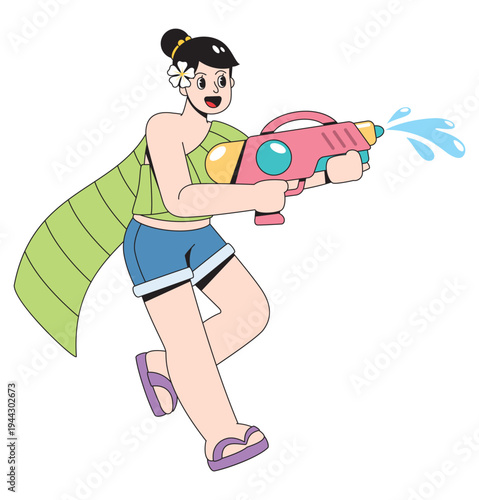 Woman Playing Water Gun During Songkran Festival Cartoon Illustration, Thai Water Festival Celebration
