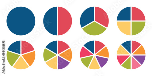 Pie chart set. Circle pie chart diagram. Circle icons for infographic or steps.. Colorful diagram collection with 1,2,3,4,5,6 sections or steps. Flat process cycle.