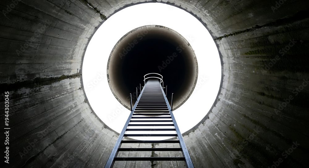 Fototapeta premium Ladder leading out of deep dark hole symbolizing escape solution way out