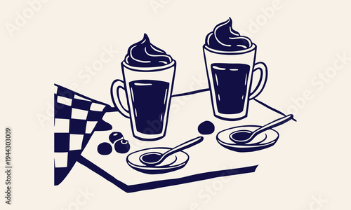 Minimal hand drawn dessert coffee illustration with two tall cups, whipped cream, spoons, berries and checkered napkin for cafe menu, bakery branding, packaging and cozy food design