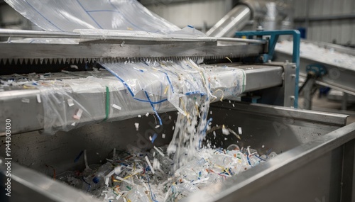 Medium shot of industrial film scrap edges being chopped precisely for regrind reclaim showcasing sustainable plastic recycling in production facilities.