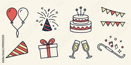 A delightful assortment of party icons including balloons, confetti, a cake, and more.