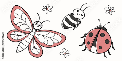 A colorful butterfly, a bumblebee, and a ladybug are depicted in a whimsical illustration.