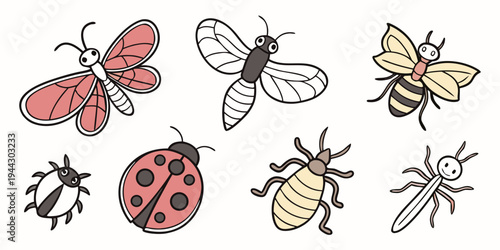 A variety of insects including butterflies, beetles, and flies illustrated in a playful manner