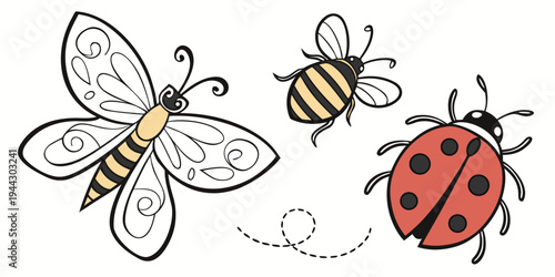 Colorful illustration of two bees and a ladybug on a white background