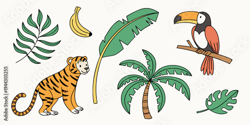 Colorful illustration of monkeys, parrots, and tropical fruits in a jungle setting