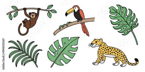 A vibrant illustration featuring a toucan, a parrot, a tiger, and various tropical leaves