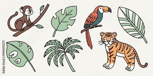 A vibrant illustration showcasing a toucan, tiger, and various tropical leaves