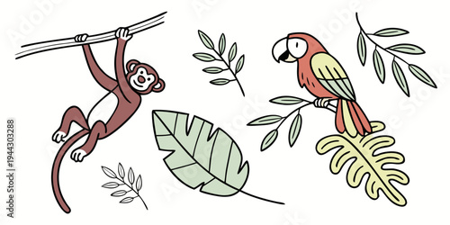 A vibrant illustration of a monkey and a parrot perched on a branch with leaves