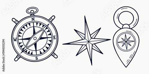 Three vintage travel icons including a compass, star, and map marker