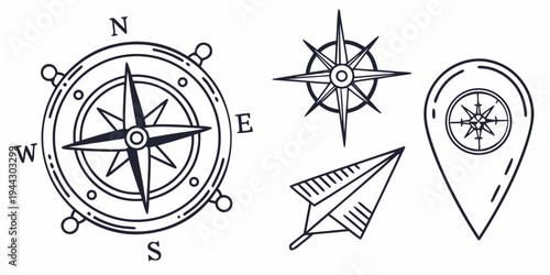 Various types of compasses and navigation tools illustrated in black and white