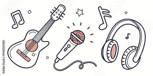 A collection of musical instruments and audio equipment including a guitar, microphone, and headphones