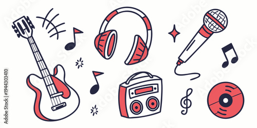 A vibrant illustration of musical instruments and audio equipment including a guitar, headphones, microphone, and more