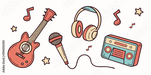 A vibrant illustration of musical instruments including a guitar, microphone, headphones, and cassette player.